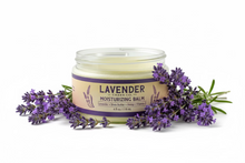 Load image into Gallery viewer, Jar of lavender moisturizing balm with lavender and a white background