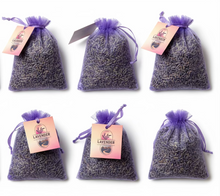 Load image into Gallery viewer, Six small bags of lavender on a white background with visible Lavender Creek Co. branding.