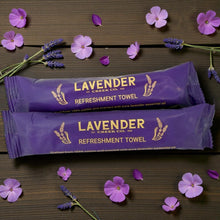 Load image into Gallery viewer, Lavender Refreshment Towels – 25-Pack | 8×8″ Individually Wrapped, 100% Cotton, Lavender-Infused