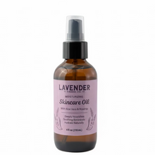 Load image into Gallery viewer, Bottle of Lavender Creek Co. skincare oil with a lavender label on a white background
