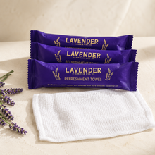 Load image into Gallery viewer, Cotton Lavender Towels | 8×8″ Individually Wrapped, Pre-Moistened, Lightly Lavender-Infused
